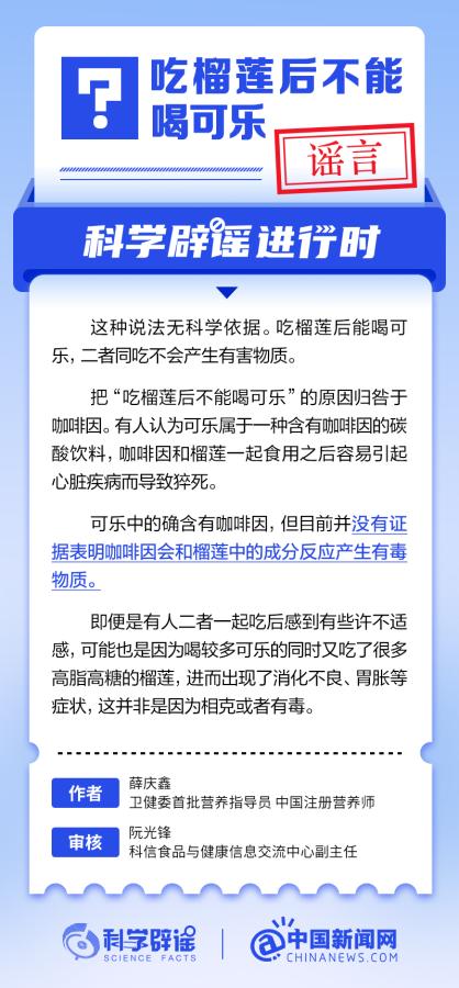 中新真探:吃榴莲后不能喝可乐吗? 中新真探:吃榴莲后不能喝可乐吗?